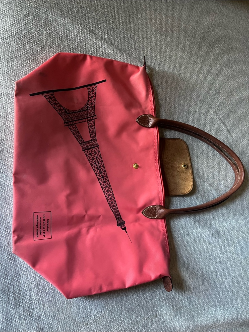 Longchamp Pink Tote with Eiffel Tower Print and Brown Handles - Picture 1 of 5